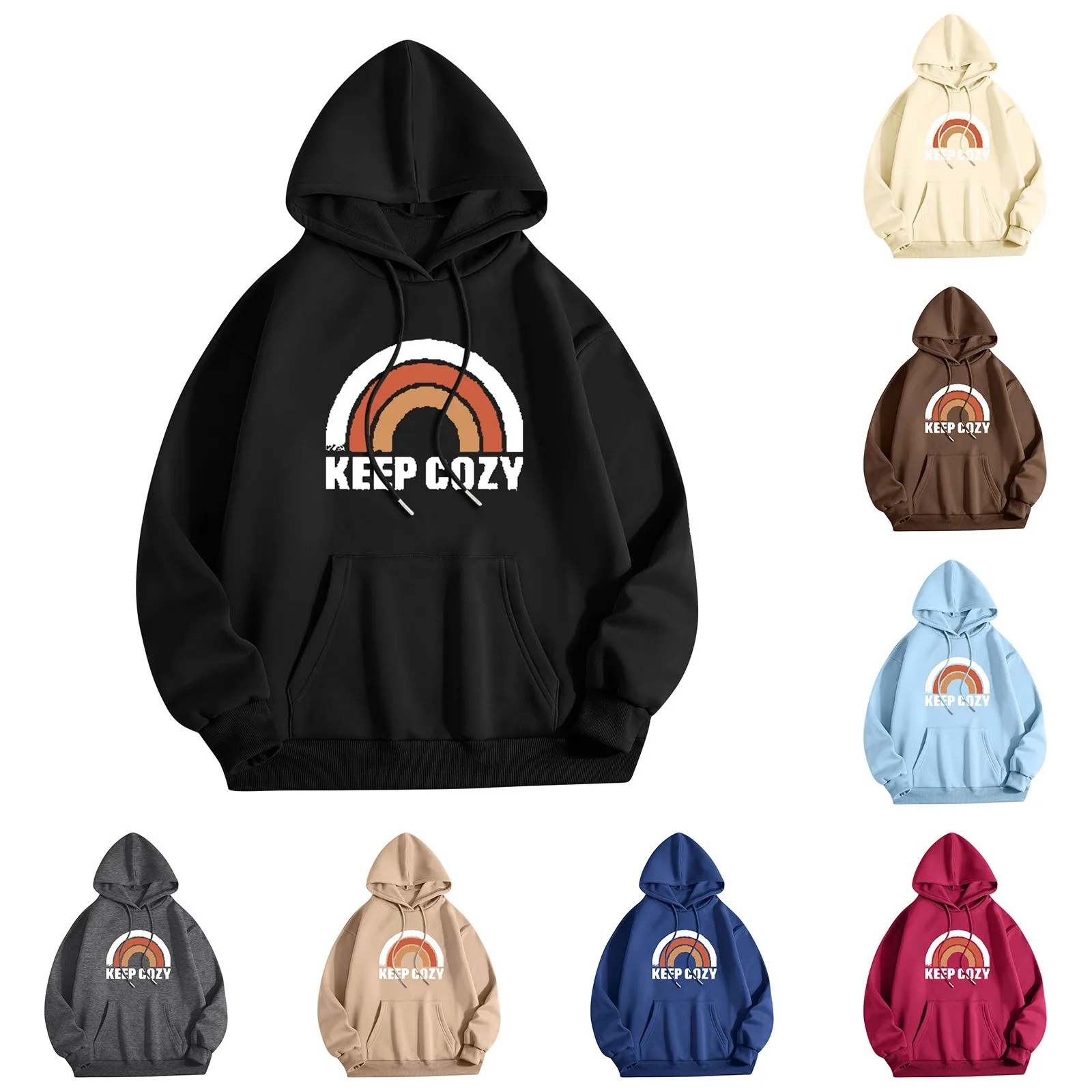 

Women Rainbow Print Letter Hooded Long Sleeves Loose Drawstring Hoodies Ladies Oversize Pockets Multiple Colors Sweatshirt Tops