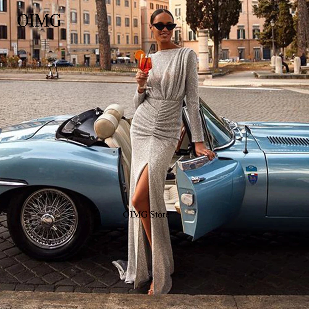 

Блестящие вечерние платья-русалки с длинным рукавом, вырезом лодочкой, разрезом и драпировкой, в пол, Африканское женское официальное плать...