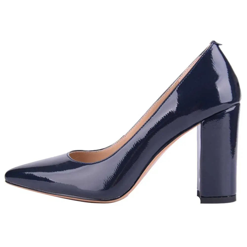 

Verocara Women's High Chunky Block Heel Pointed Toe Elegant Genuine Patent Leather Evening Dress Slip-on Pumps Shoes Handmade