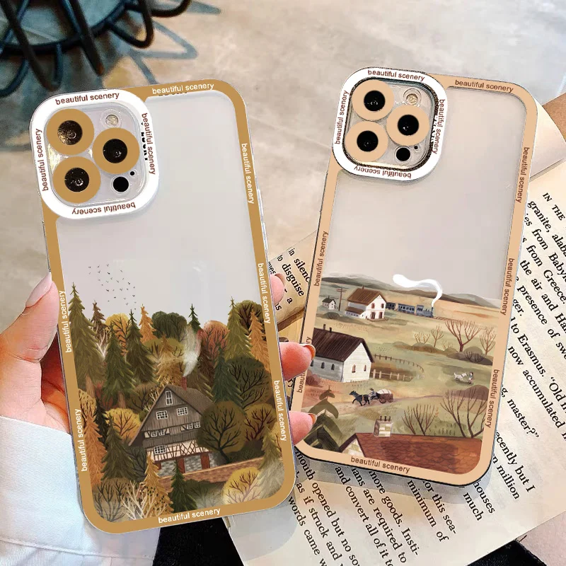 

Hand Painted Phone Case For iphone 11 12 13 14 Pro MAX XS XR Retro Rural Scenery Cases Transparent Cover For iPhone 7 8 Plus SE2