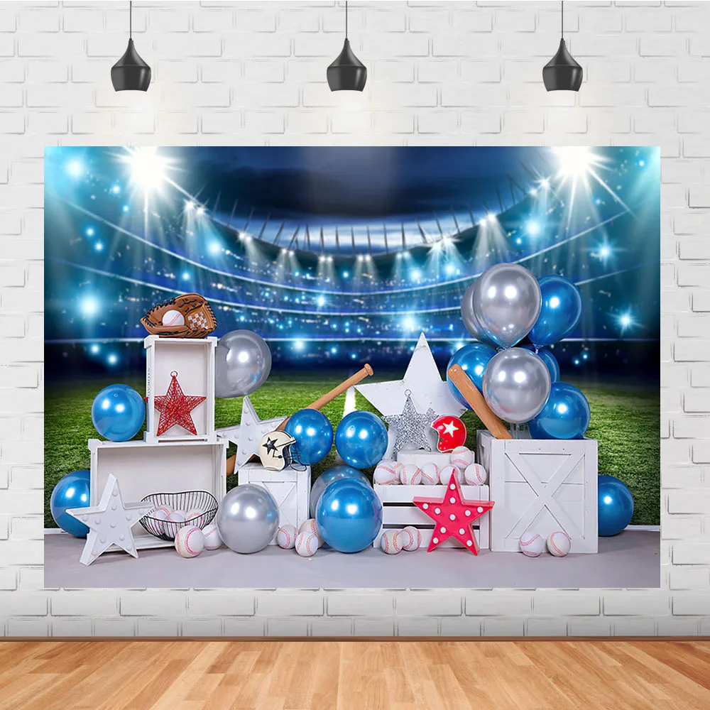 

Бейсбольная тема День Рождения фон торт разбивать первый день рождения фото стенд фон Бейсбол стадион синие воздушные шары
