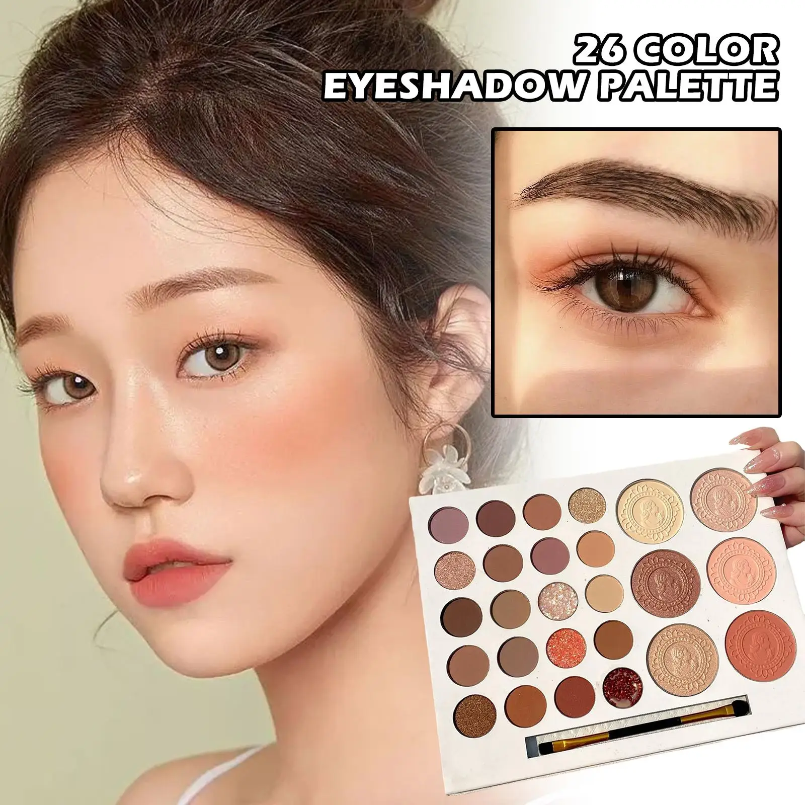 

Палетка теней для век 26 цветов, перламутровые, матовые, природные цвета, портативная, стойкая, хайлайтер, румяна, палитра теней для век, инстр...