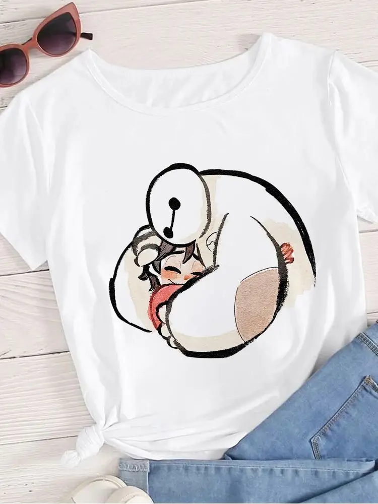 

Disney Hug Sereis Tshirt Women Summer Popular T Shirt Female Leisure Aesthetic Cartoon Disney Brand Baymax And Hiro Hamada Tops