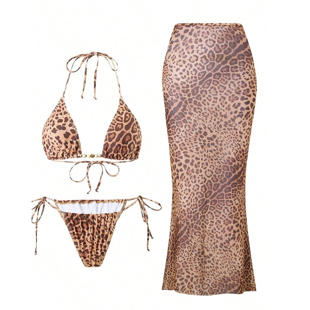 Фото Новый комплект бикини Leopard 3Pc 2026: сексуальный женский купальник с вырезами, сетчатое платье, бикини-стринги, купальный костюм №1