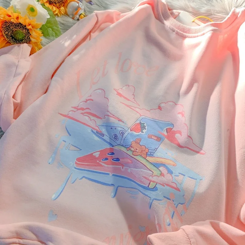 

Women Ice Cream Melted Print Sweatshirt Sweet Harajuku Loose Hoodies Round Collar Hooded 2021 Autumn Long Sleeve Tops Pullover