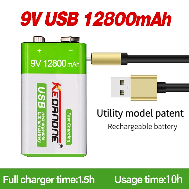 

2022 New 9V 12800mah lithium ion rechargeable battery type-C USB battery 9V multimeter lithium microphone metal detector + cable