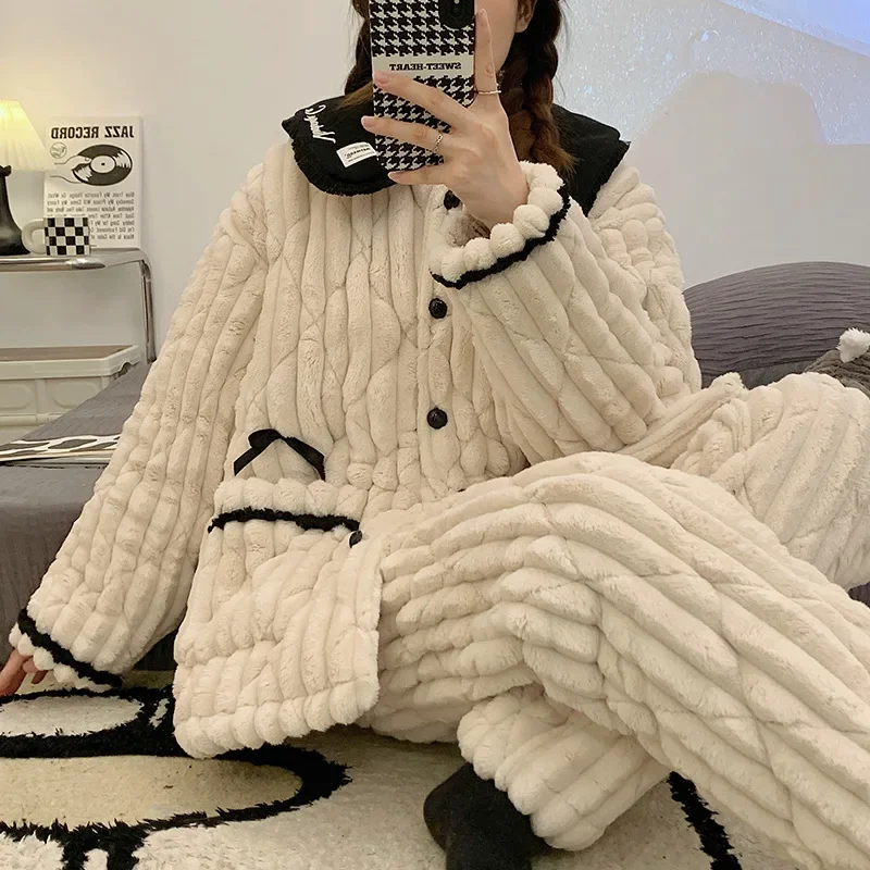 Женский осенне-зимний пижамный комплект из кораллового бархата трехслойная