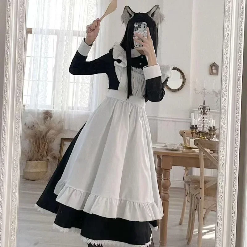 

Classic Lolita Maid Dress Women Anime Cosplay Costumes Long Sleeve Black S-3XL