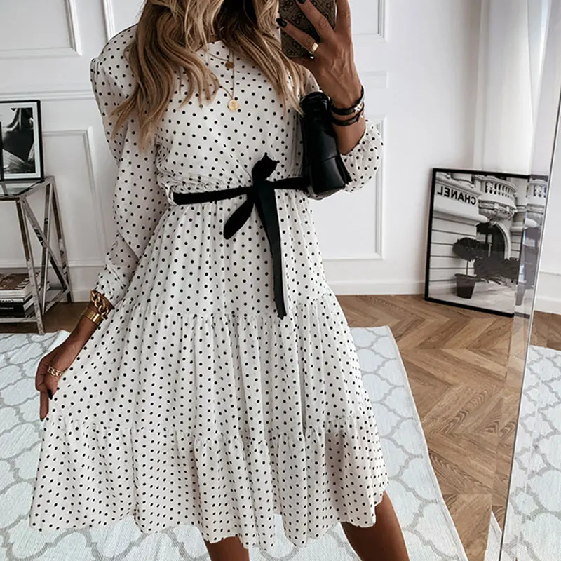 

Vintage Polka Dot Sashes A-line Party Women Dress Long Sleeve O Neck Ruffled Elegant Midi Dress 2022 Summer Holiday Dress Boho