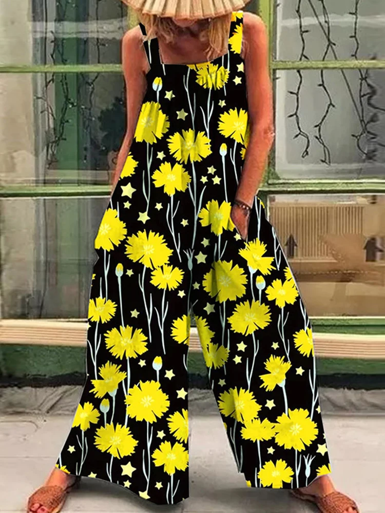 

Women Street Summer Casual Wide Leg Lace Up Jumpsuit Vintage Floral Print Party Jumpsuit Sexy Off Shoulder Sleeveless Jumpsuit