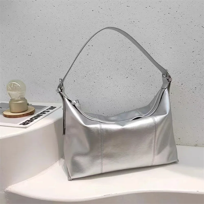 Women's New Silver Versatile Big Shoulder Bags Soft Leather Large Capacity Casual Hobos Bag Fashion Designer Luxury Y2k Handbags