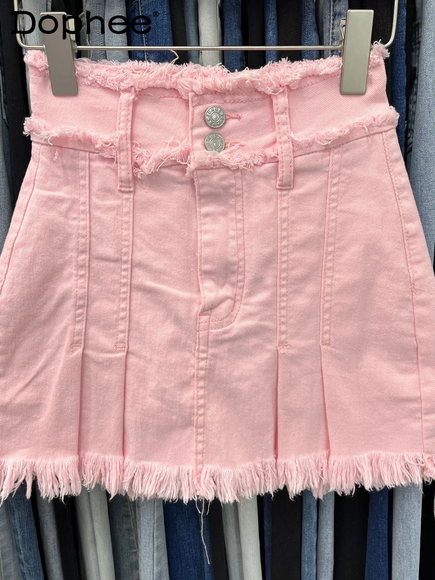 

Street Fashion Pink Denim Skirt for Women's Summer Korean 2022 New High Waist Slimming Fur Tassel A-line Hip Mini Skirt Faldas