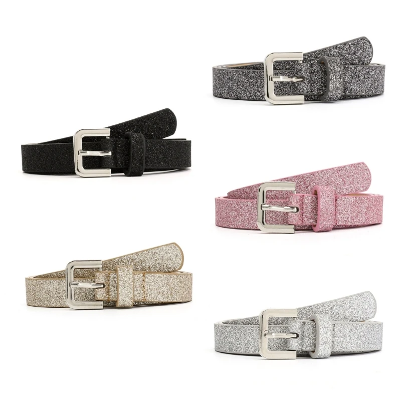 

Women Shiny Glitter Casual Adjustable Pin Buckle Plain Faux Leather Waist Belt F3MD