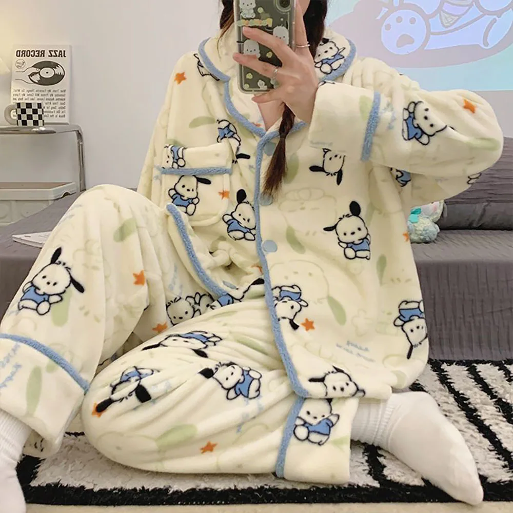 

2023 Winter New Pochacco Hello Kitty Cartoon Cute Coral Plush Pajamas Women's Thickened Can Be Worn Externally Home Pajamas Suit