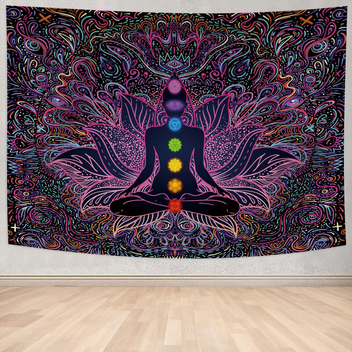 

Black Light Tapestry UV Reactive Indian Buddha Meditation Seven Chakra Tapestry Psychedelic Lotus Eye Wall Hanging Home Decor