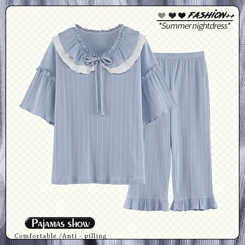 Pajama Women's New Summer Capris Korean Version Sweet Palace Style Home Suit Can Be Worn Out Recommended