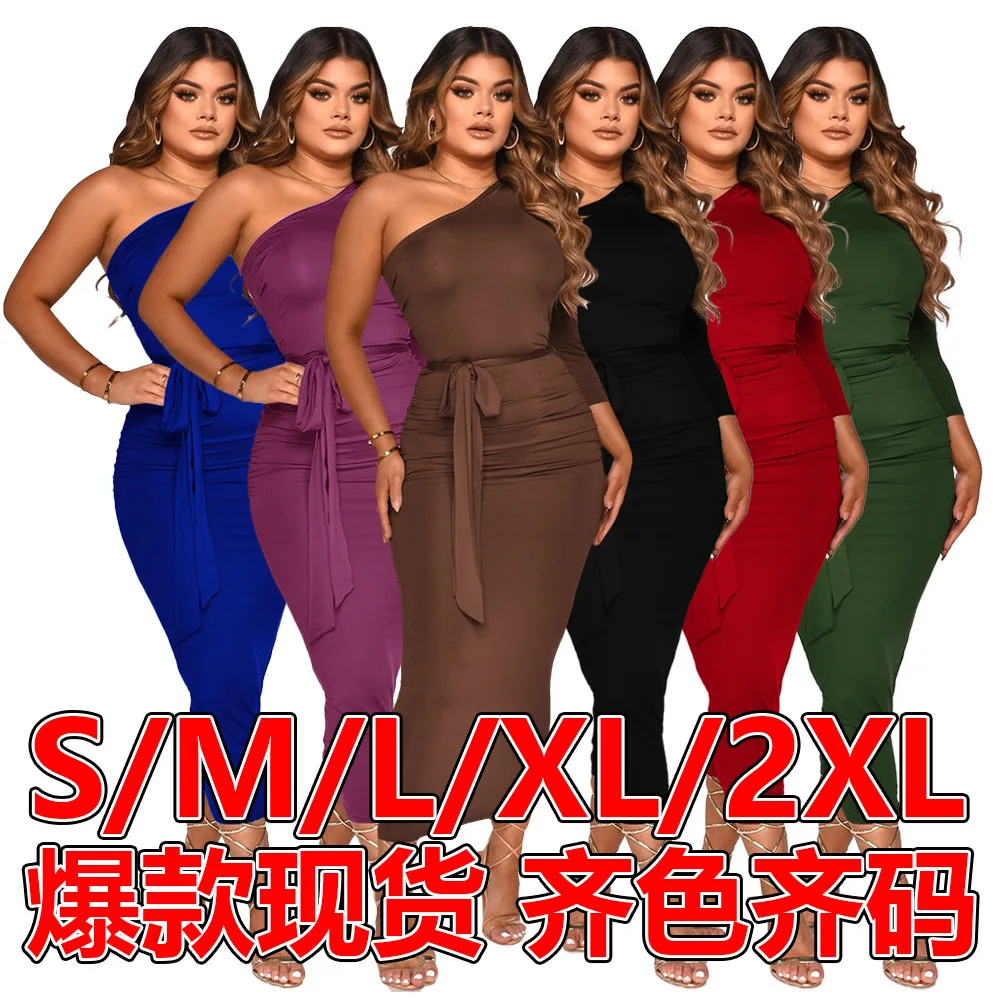 

2022 Autumn And Winter Women Long Sleeve Popular One Shoulder Dress