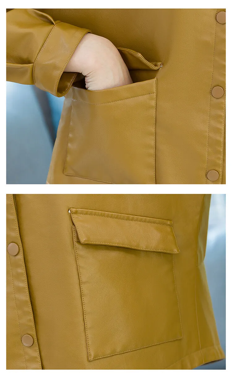 Spring  Autumn PU Leather Short Leather  Coat Women's Autumn  Winter Student Motorcycle Leather Basic Yellow Leather Jacket