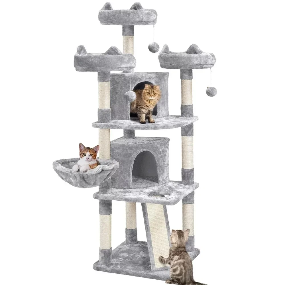 

68.5"H Large Multilevel Cat Tree Tower with Condos and Perches, Light Gray
