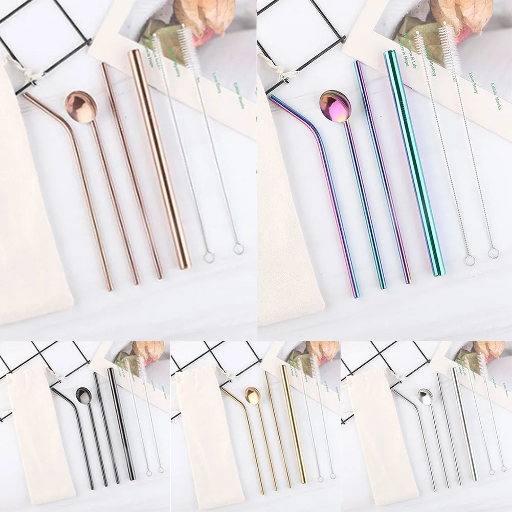 

7pcs/set Reusable Drinking Straw Spoon Set Metal Stainless Steel With Brush Multicolor Lead-Free Kitchen Accessory Gift Idea