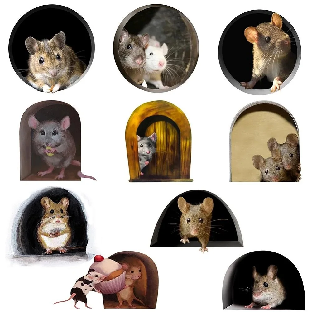 

5Pcs Realistic 3D Creative Miniature Mouse Hole Decal Mural Unique Sticker Indoor And Outdoor Decoration Home Wall Sticker