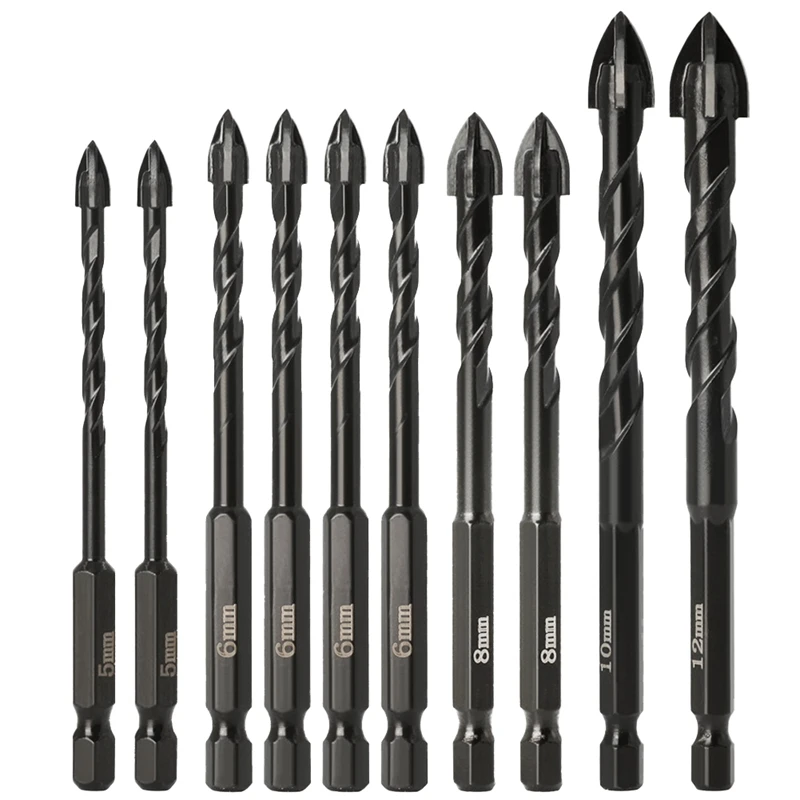

10Piece Multifunctional Ceramic Tile Drill Bit Hexagonal Handle Screw Triangular Drill Black