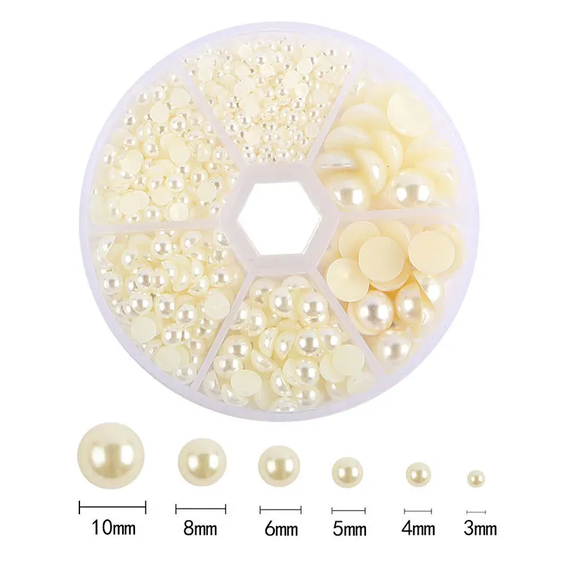 

850Pcs 6 Sizes Flat Back Half Round Pearl Cabochon Diameter 3mm 4mm 5mm 6mm 8mm 10mm for Nail Craft DIY Scrapbook Decoration