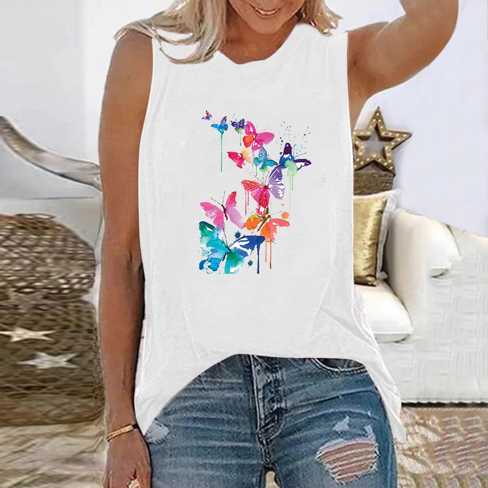 

Seeyoushy Butterfly Print 2023 Summer New Crewneck Sleeveless Women's T-shirt Y2K Aesthetic Women's Top Casual Women's Clothing