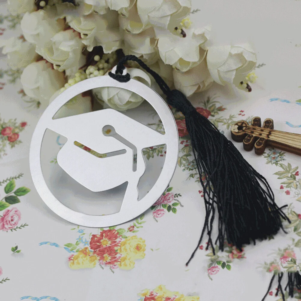 

10Pcs Stainless Steel Page Marker Doctoral Shaped Bookmark with Black Tassel Graduation Gifts (Silver)