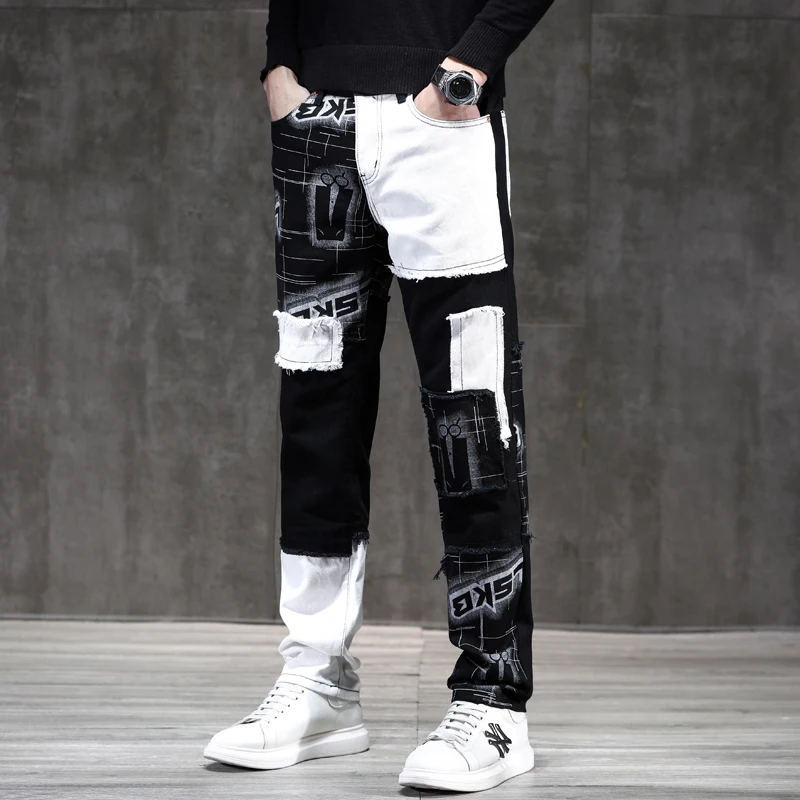 Y2k Men Jeans Jean Splicing Pants Casual Solid Biker Male Neutral Pactchwork Streetwear Trend Brand Trousers for Men