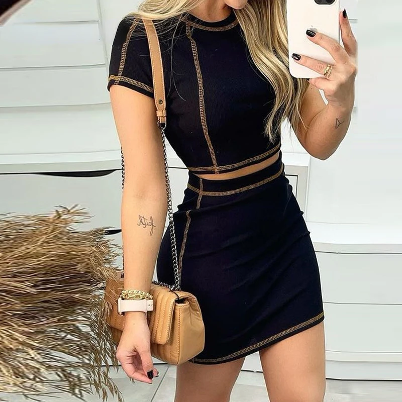 

2022 Fashion New Women's Summer Black Casual Top and Skirt Female and Lady Casual Skirts Suit Two Pieces Set