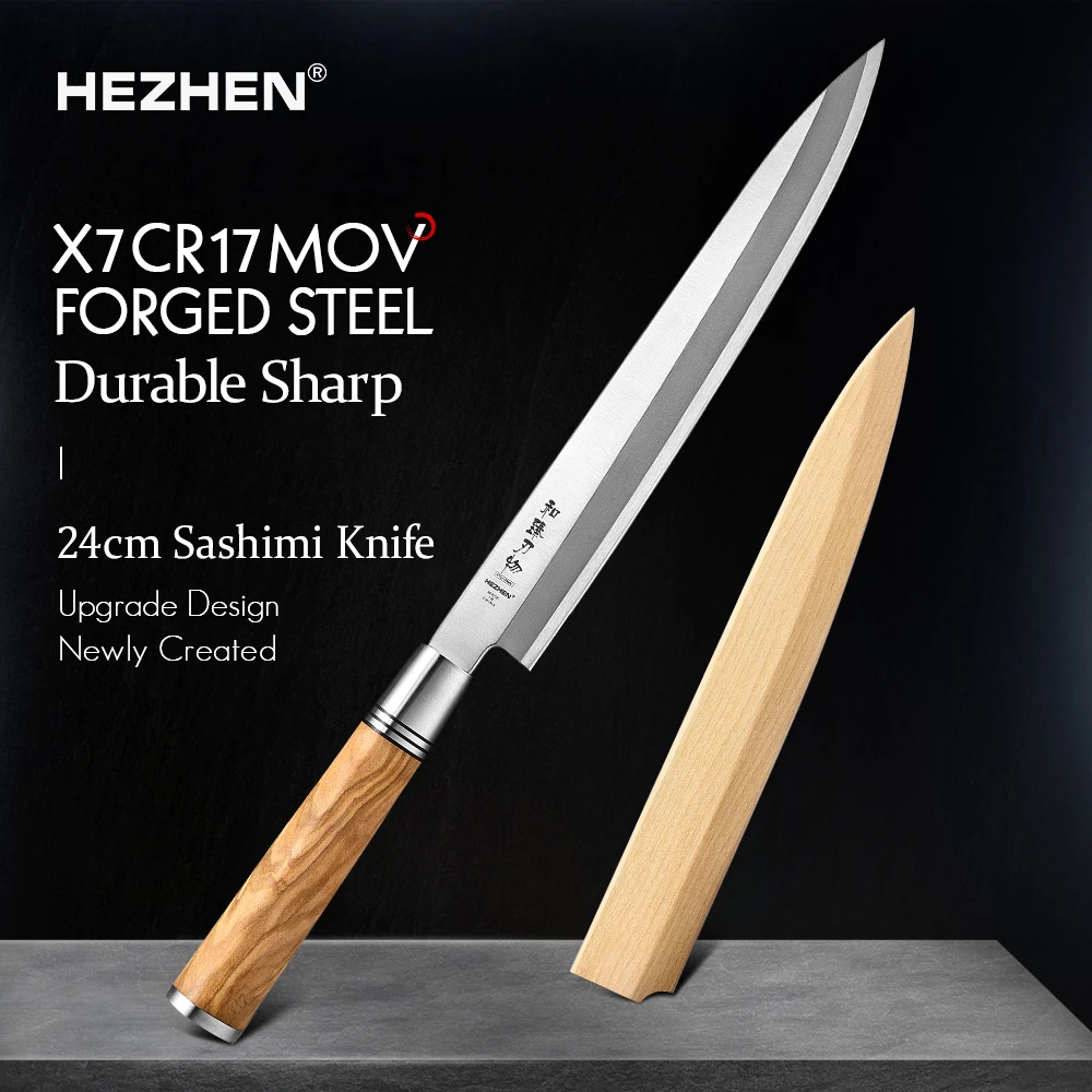 HEZHEN Classic Series Sashimi Knife 240/270/300mm X7Cr17MoV Forged Steel Olive Wood Handle Kitchen Knives Sharp Tools