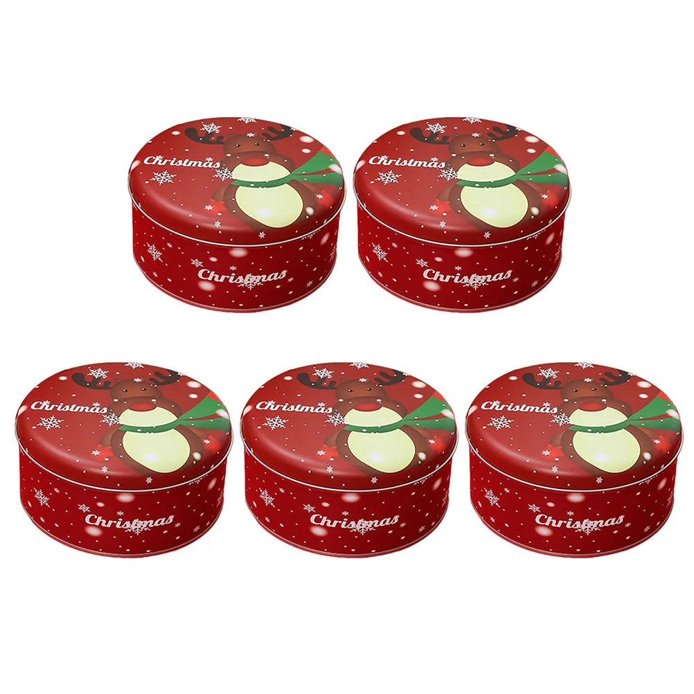 

5 Pcs Christmas Candy Deer Fruit Box Tinplate Jars Round Holiday Party Decor Child