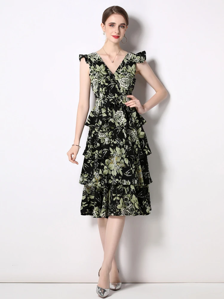 

2022 New Summer Runway Fashion Party Chiffon Dress Women's V-Neck Vintage Flower Print Cascading Ruffles Tank Vestidos S5014