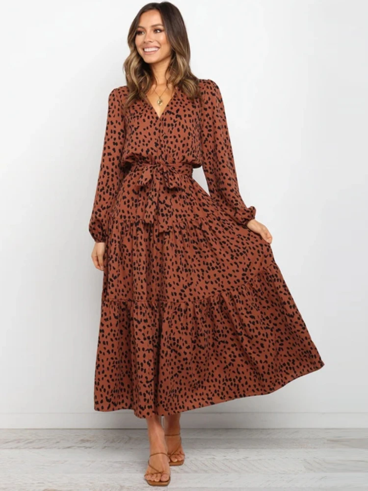 

2023 Spring Summer Dress New Fashion Street Dress Printed Leopard Print Long-sleeved V-neck Tops Long Skirt Dress for Women