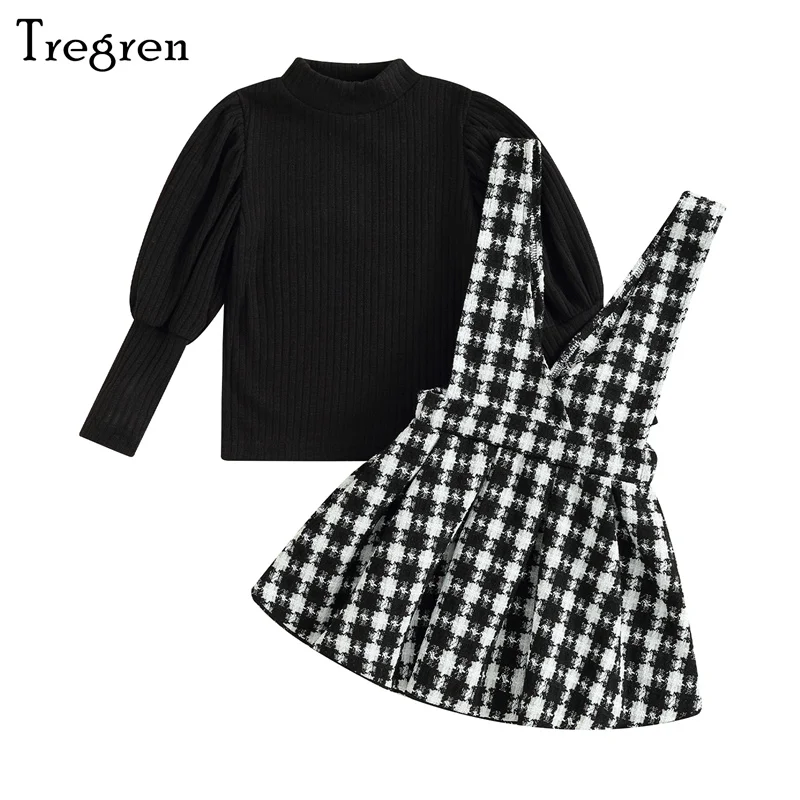 

Tregren Toddler Girls 2Pcs Fall Outfits Long Puff Sleeve Tops + Plaid Suspender Skirt Set Kids Fashion Clothes for Children 4-7Y