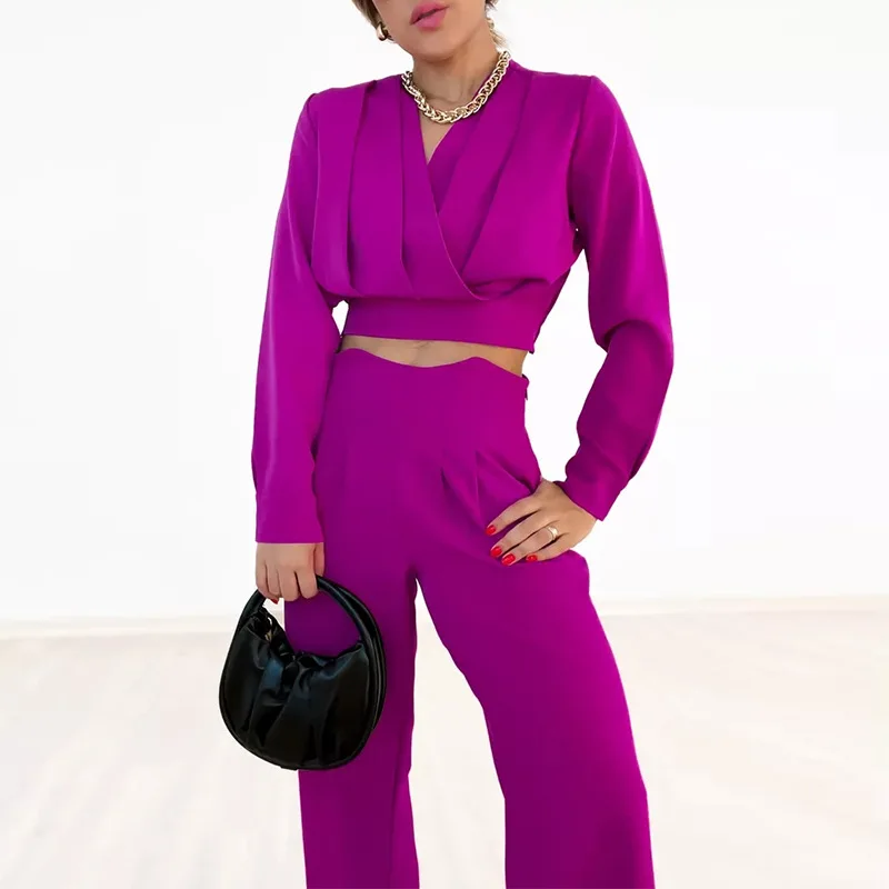 

Women's 2023 Summer New Product Solid Color Pleated Short Long-sleeved High-waisted Straight-leg Pants Two-piece Set