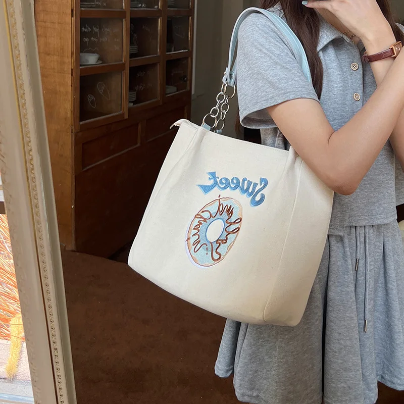 

Canvas Tote big Bag Women Hobo Bag Shopper Casual Simple Design Shoulder Bag Girl embroidery print Color Large Capacity Handbag