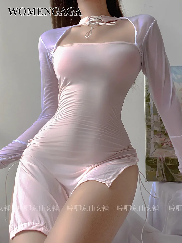 

WOMENGAGA Sweet Asian Girl Female Black Sexy Cheongsam Sexy Underwear Square Collar Thin White Mini Dress Hot Fashion Korean 8Y5