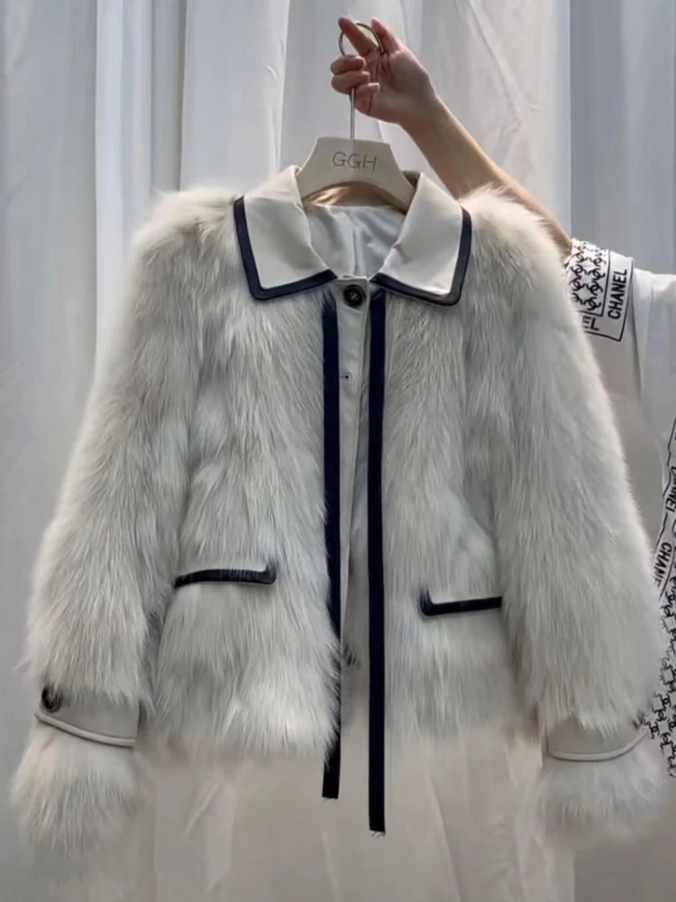 Young Ladies Beige Fox Fur Coat for Women 2022 Winter New Warm Thickened Slim Long Sleeve Three-button Short Plush Jacket Ladies