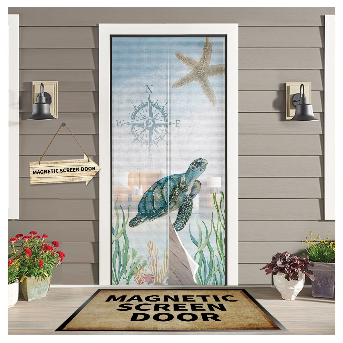 

Nautical Theme Sea Turtle Starfish Compass Magnetic Screen Door Curtain Anti-mosquito Magnetic Screen Net Kitchen Curtain