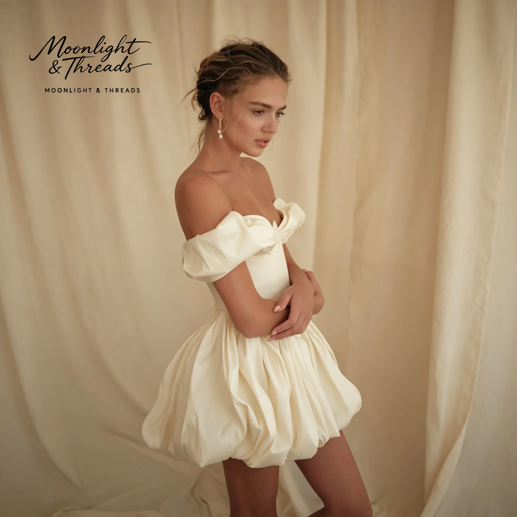 Фото Элегантное бежевое мини-платье из тафты с открытыми плечами, короткое свадебное платье для помолвки или вечеринки. №2
