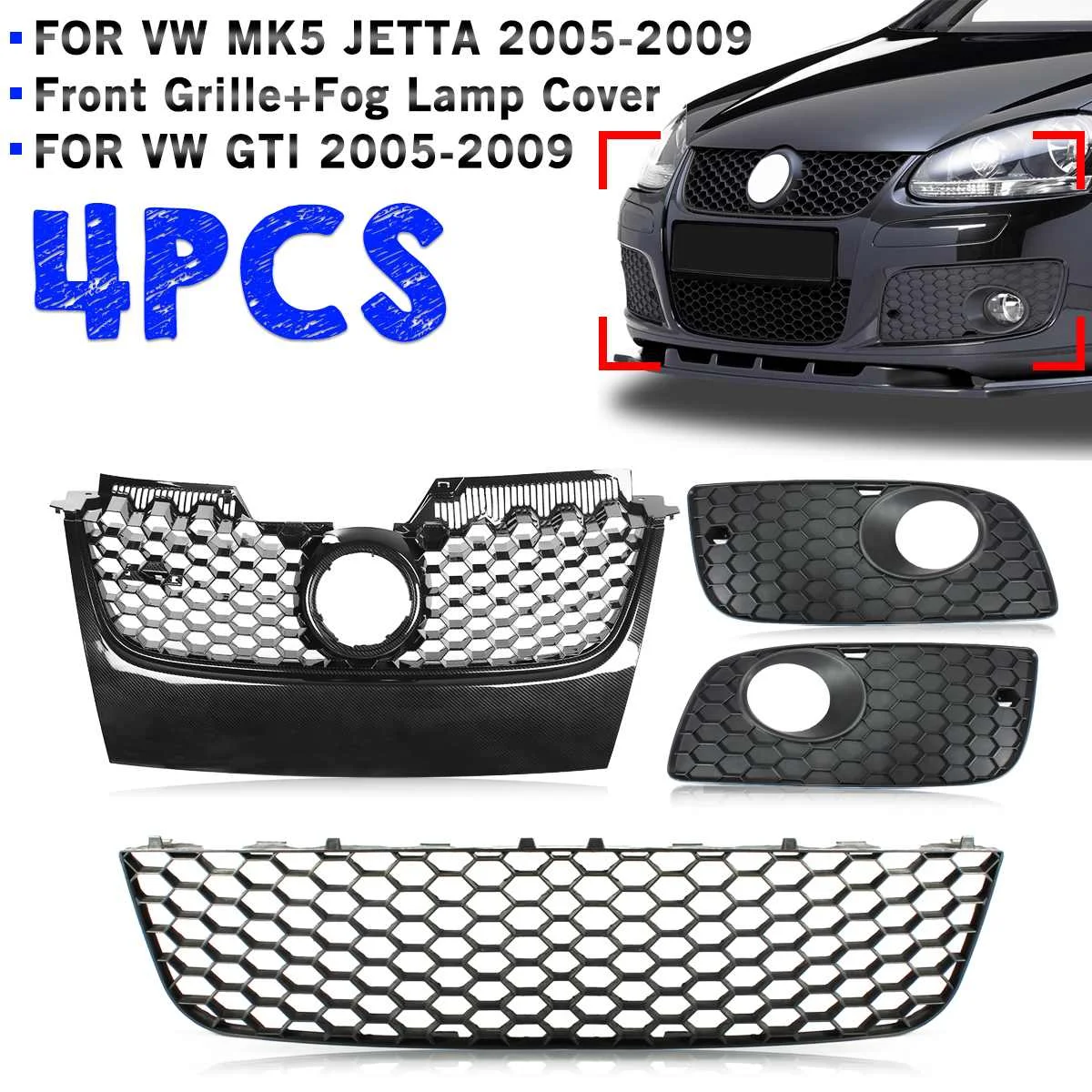 

Передние решетки для VW Golf MK5 GTI, для Jetta GT 2005-2009, передний бампер, нижний + верхний центральный гриль + противотуманная фара, решетка радиатора