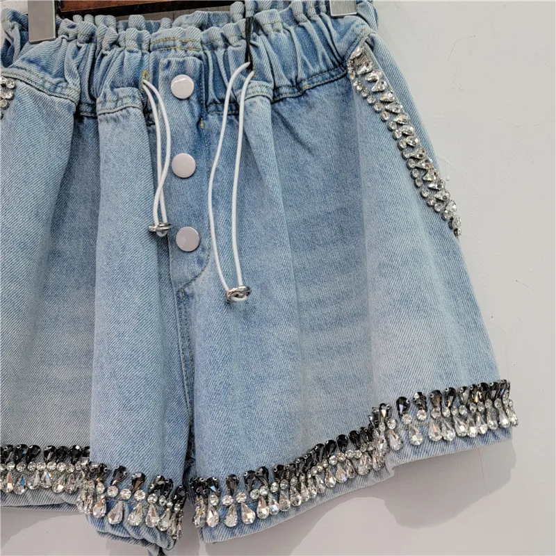 Women's Short Pants 2023 Summer New Heavy Industry Contrast Color Diamond Beaded High Waist Slimming Wide-Leg Denim Shorts