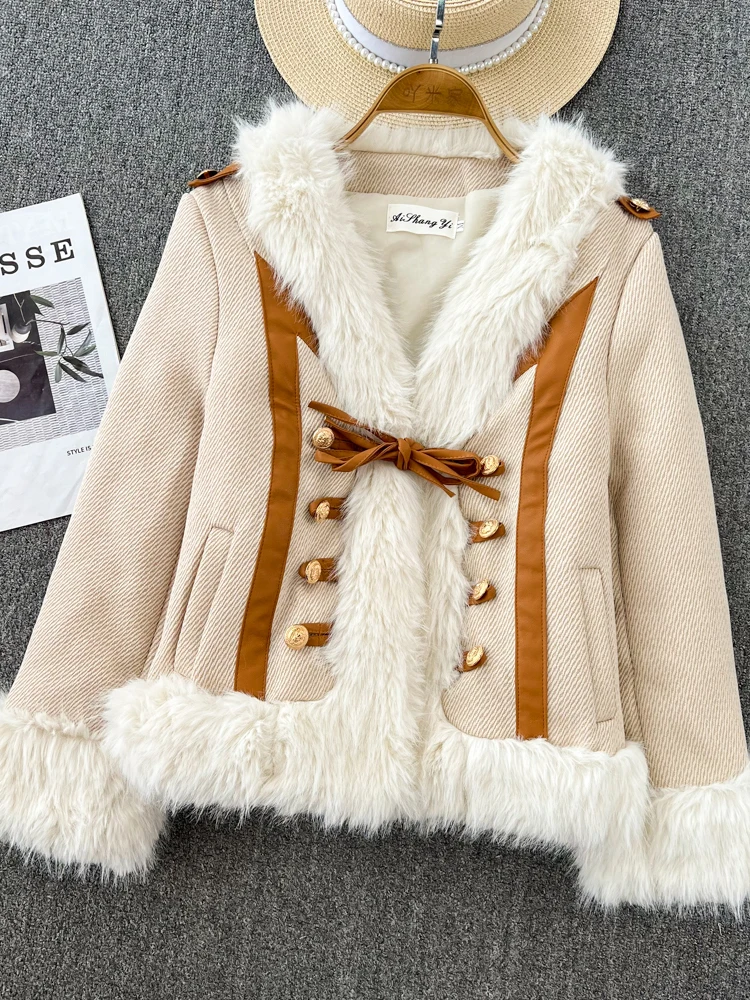 HIGH STREET New Fashion 2022 Designer Jacket Women's V-neck Faux Fox Fur Splicing Short Fur Coat