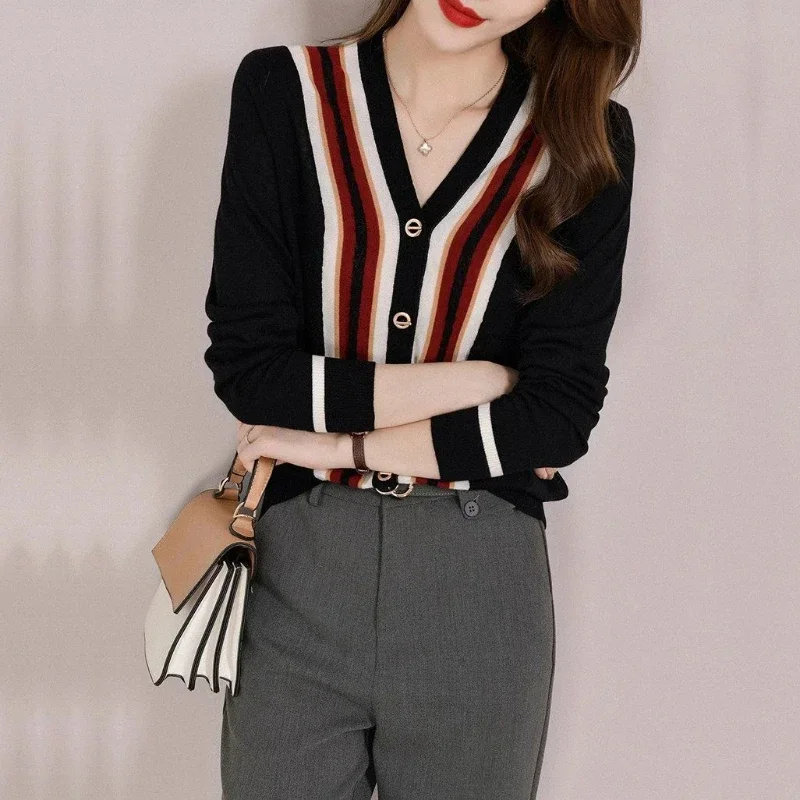 

Knitted Top for Women Striped Black Ladies Sweaters Cardigan V-neck Autumn Winter 2023 Korean Fashion Designer Jumper Economics