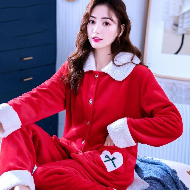 Winter Pajamas Set Casual Sleepwear For Women Soft Flannel Warm Pyjama Women's Fashion Flower Print Thick Homewear Big Size