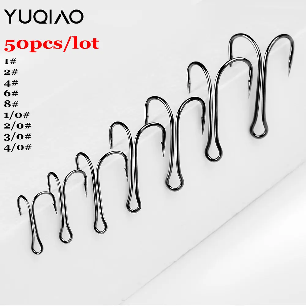 

50pcs/bag YUQIAO Double Hook 1# 2# 4# 6# 8# 1/0-4/0# Duple Long Shank Weedless Barbed Fishing Hook for Bass Perch Fishing Tackl