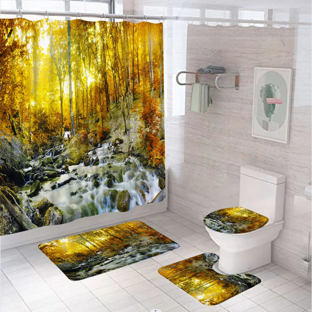 

Birch Tree Forest Stream Scenery Shower Curtain Set Waterfall Landscape Bathroom Curtains Non-Slip Bath Mat Rug Lid Toilet Cover