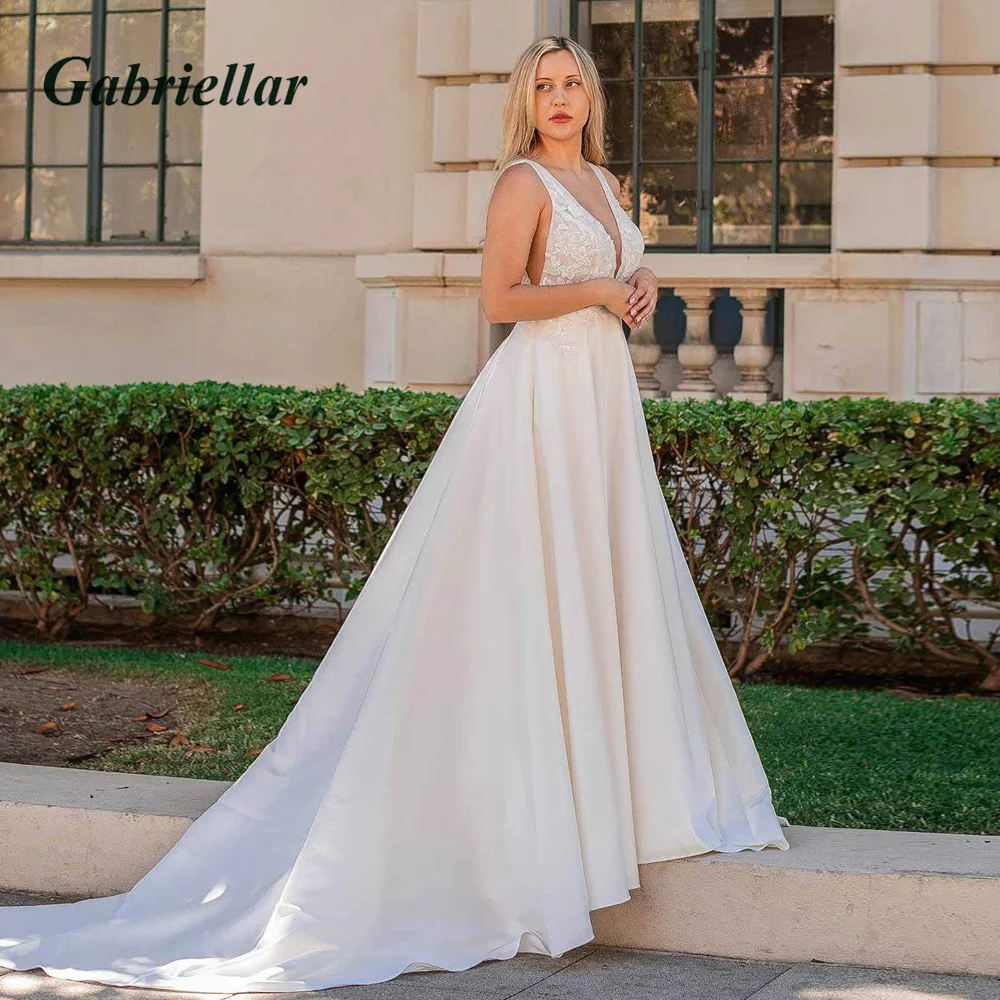 

Gabriellar Decent A-line Satin Wedding Dresses For Brides V-neck Sleeveless Appliques Backless Vestido De Noiva Customer Made
